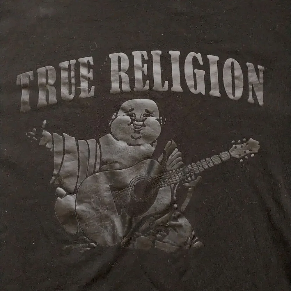 TRUE RELIGION T Shirt Mens XL/L*Black Buddha Guitar Logo Spell Out 100%Cotton